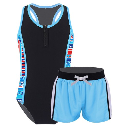 Kids Girls Swimsuit Sleeveless Floral Print Leotard with Shorts Bathing Suit - Picture 80 of 90