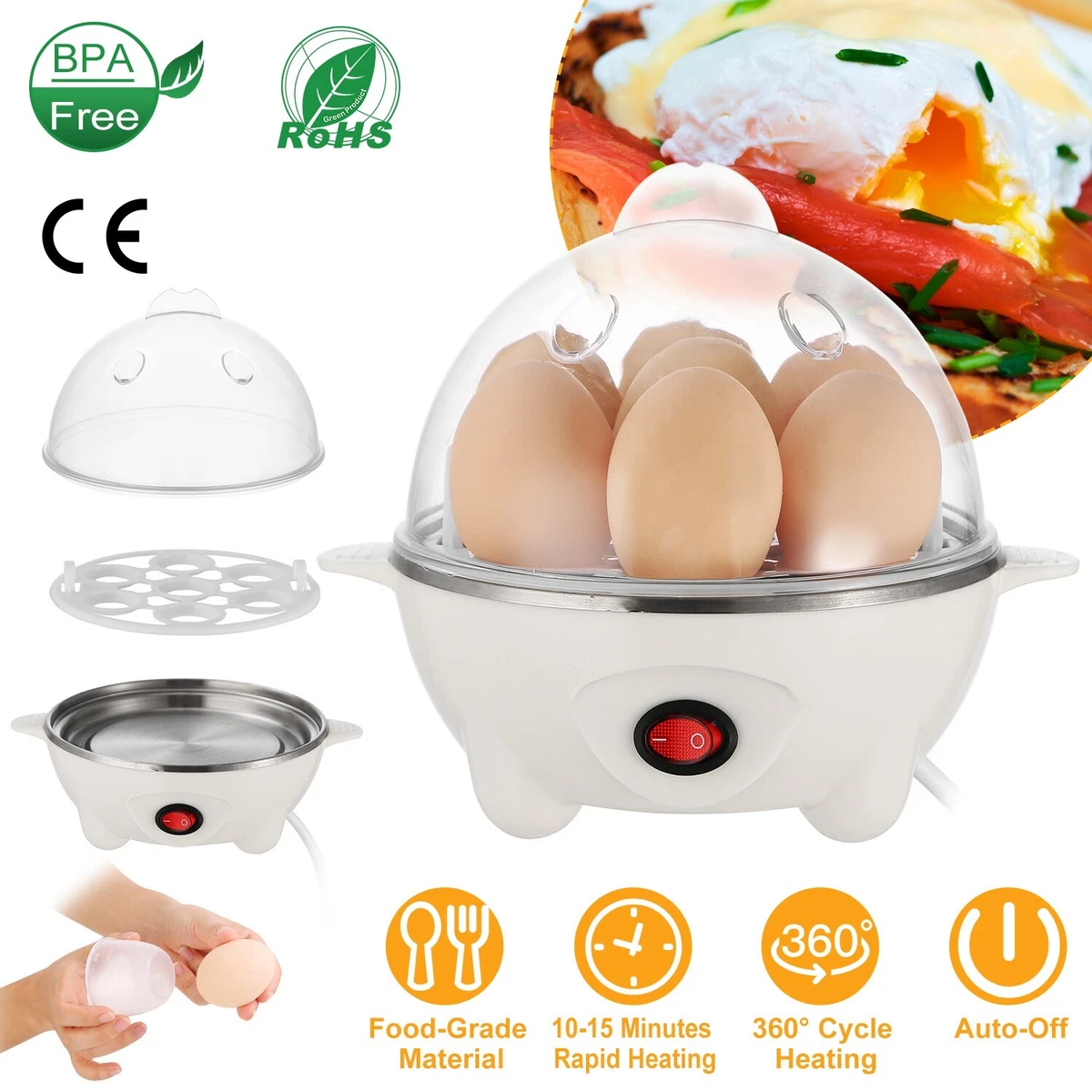 7-Capacity Electric Egg Cooker w/ Auto-Off Hard-Boiled Egg Maker Boiler  BPA-Free