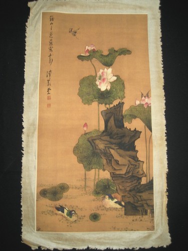 27in Chinese Antique Painting Scroll Lotus Birds on Rice Paper By Chen Hongshou - Picture 1 of 11