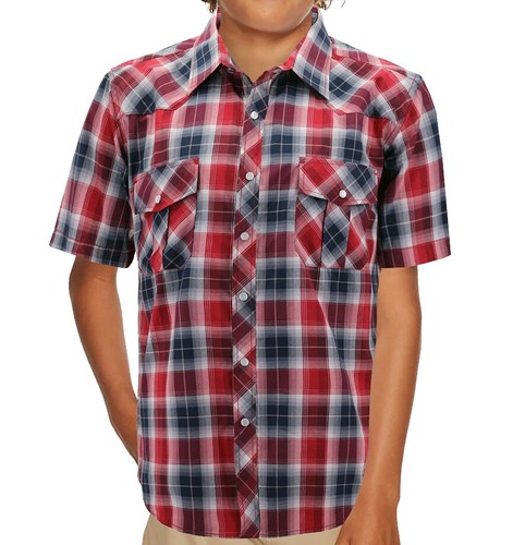 Boy’s Western Pearl Snap Button Down Casual Short Sleeve Plaid Cowboy Shirt - Picture 21 of 24
