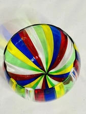 Art Glass Multi Striped Bowl - Red Yellow Blue Green Clear 3x3 Murano??? Read!