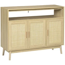 Kitchen Sideboard Boho Buffet Cabinet with 3 Rattan Doors and Adjustable Shelf
