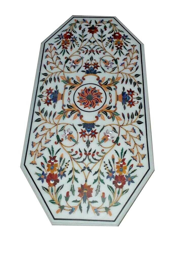 48-Inch Marble Table Top with Handcrafted Precious Stone Inlay for Elegant Home Decor