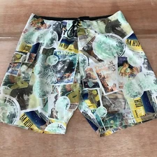 Da Hui Hawaiian Board Swim Shorts Men 38 Blue Surfing Tie Waist Pocket Beach