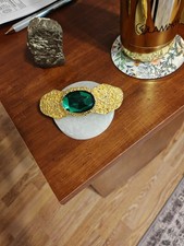 Vintage retro gold plated emerald green stone hair barrette clip