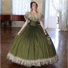 Olive Green Victorian Ball Gown Lace Ruffle Civil War Historical Costume Dress