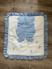 Darling Vintage Handmade Baby Quilt Gingham Blue Bunny Ruffled Edge 22x24