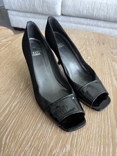 Stuart Weitzman Black Patent Leather Peep Toe Slip On Cone Heel Shoes 8