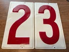 Vintage Embossed Metal Numbers 2 & 3 Red & White Gas Station Signs 10” By 19”