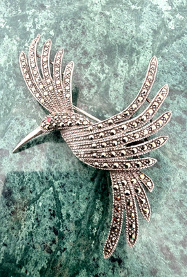 Estate Sterling Silver Awesome Marcasite Large Hummingbird Brooch ruby eyes