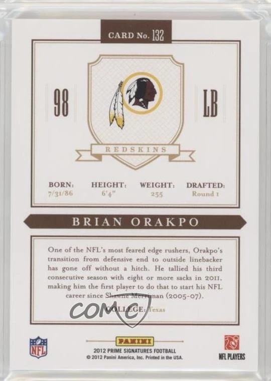 2012 Panini Prime Signatures Prime Proof Green /25 Brian Orakpo #132 - Image 2 of 2