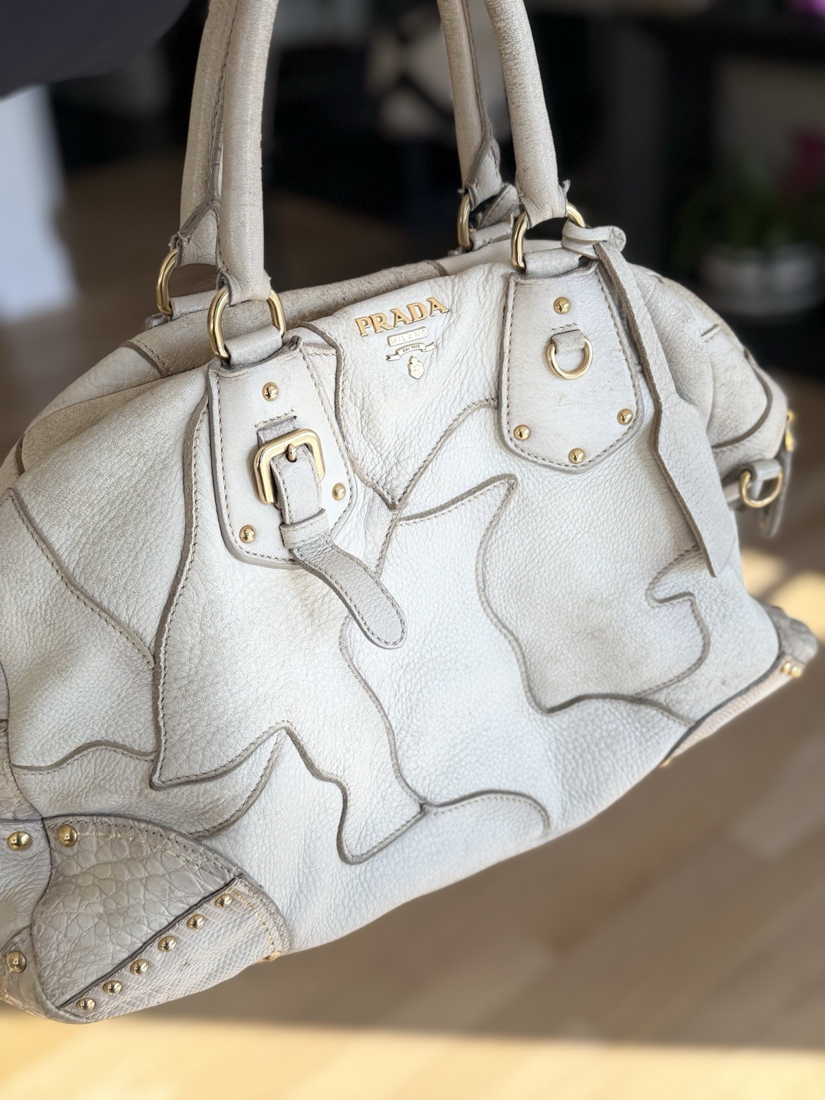 Authentic Prada Cervo Patchwork Bowler Bag Ivory … - image 24