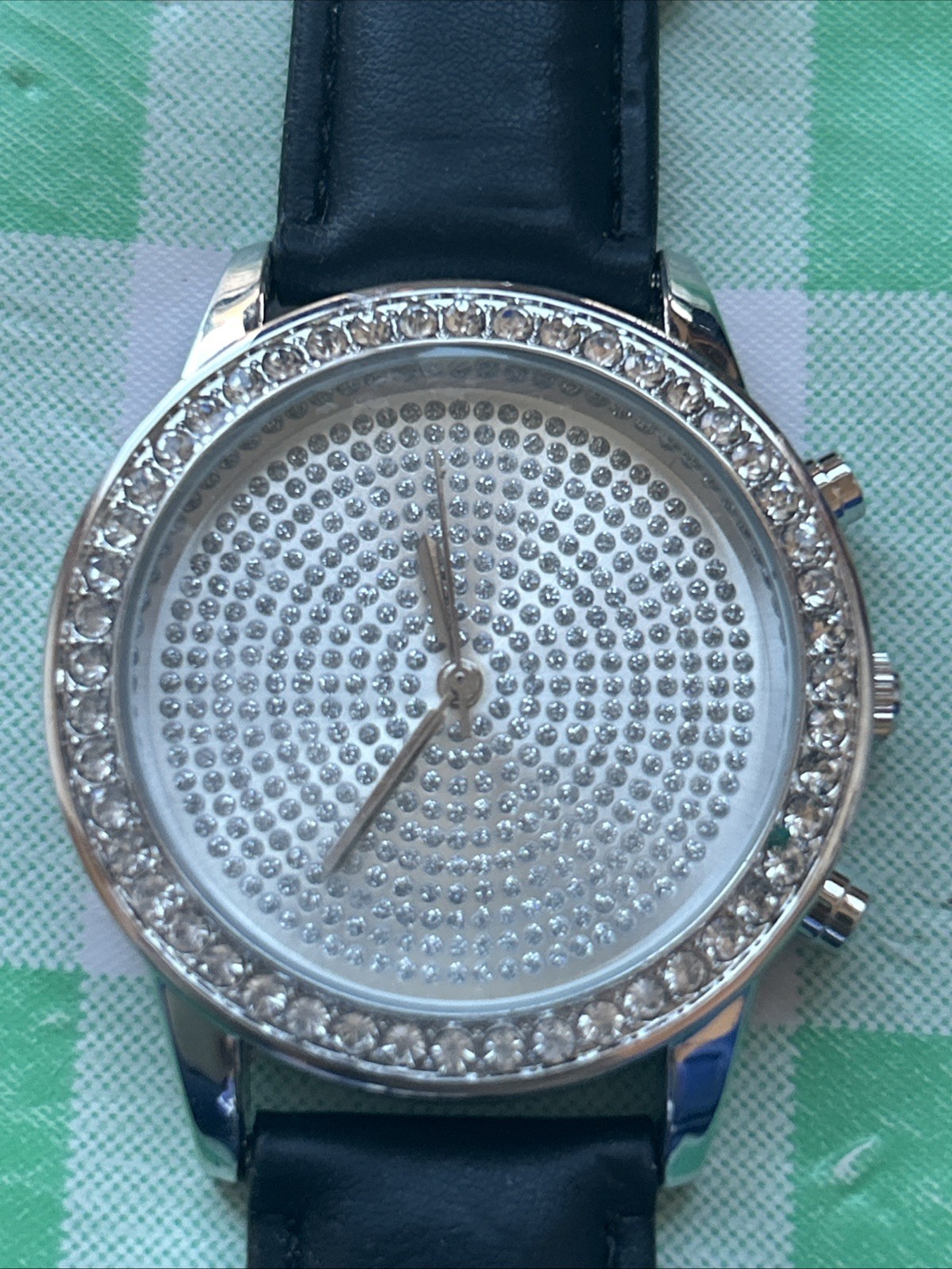 Adrienne Rhinestone Bezel Silver Tone Black Band Women’s Quartz Watch