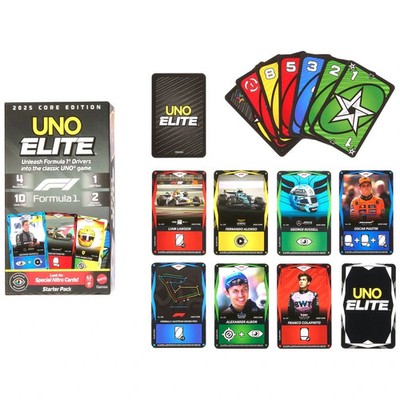 UNO Elite Card Game Formel 1 Starter Pack Feature Fahrer Autos Helme Schaltungen