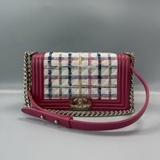 Auth  Chanel Boy Chanel  Fuchsia Tweed Leather Light Gold Hardware Full Set