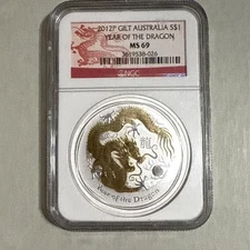 2012 P $1 Gilt Australia Year Of The Dragon NGC MS69