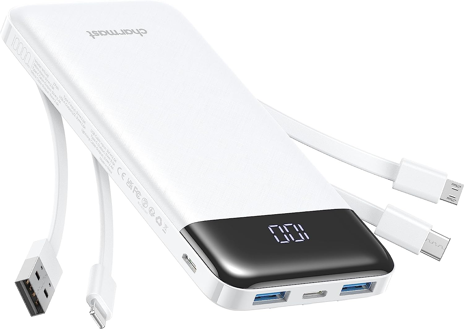 Slim 10000mAh Portable Charger with Built-in Cables