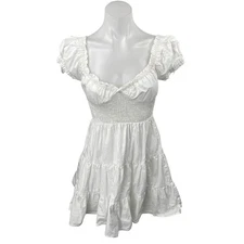 Princess Polly White Short Puff Sleeve Smocked Tiered Mini Fit & Flare Dress 0