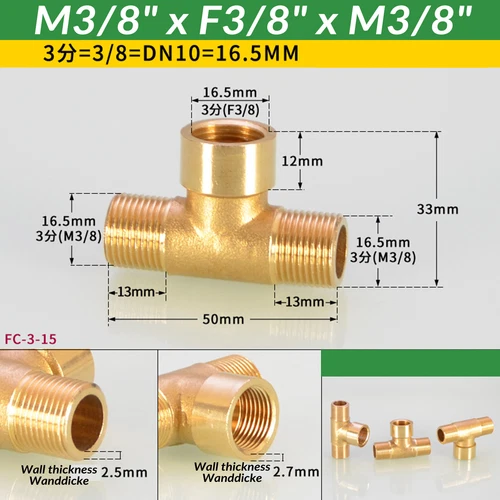 T Stück Messing Fitting Messing T-Stück T Verbinder Gewindefitting 1/8" 3/8 1/4"