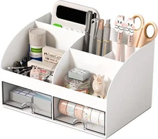 Desk Organizer with 6 Compartments 2 Drawers Plastic Storage for Office Home
