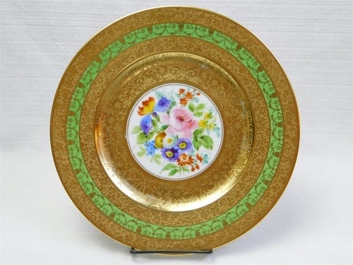 8 Royal China Limoges France HP Green Floral 22k Gold Rims 10.75" Cabinet Plates - Picture 7 of 17