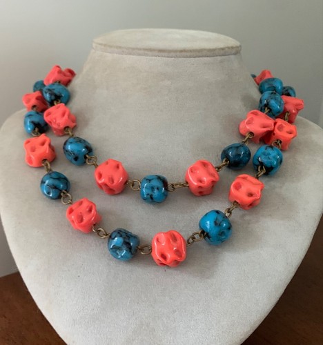 Vintage Art Deco Dimpled Coral & Turquoise Glass Bead 3-in-1 Necklace Rousselet? - Picture 10 of 12