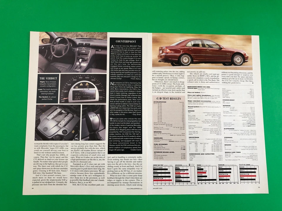 2003 MERCEDES BENZ C32 AMG C 32 ORIGINAL PRINT AD 3 PAGE ROAD TEST PRINTED - Image 2 of 2