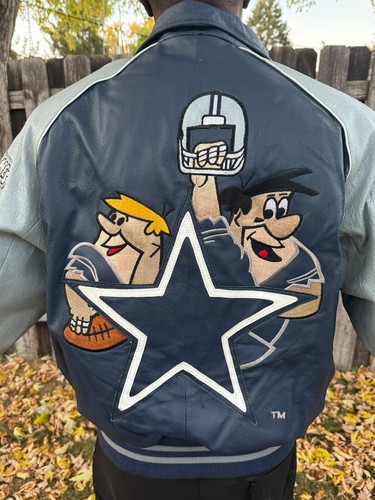 Vintage 90s Dallas Cowboys Leather Bomber Jacket Flintstones Montana Toons, Size L - Bild 3 von 18