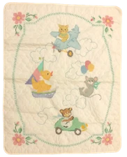 HAND STITCHED BABY QUILT 41" x 33" Animals Crib Blanket