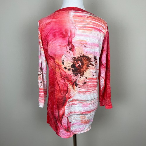 David Cline Top Womens Medium Pink Crinkle Textured Tie Hem Abstract Art To Wear - Picture 6 of 14