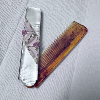 1950s Pink Rhinestone Pearl Faux Tortoise Shell Fold in-out Hair Comb ...