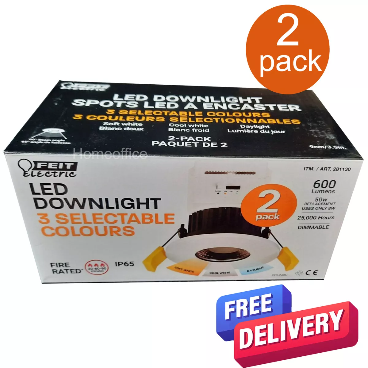Quality FEIT 2 Pack LED Fire Rated Ceiling Downlights with 3 Colour Temp New