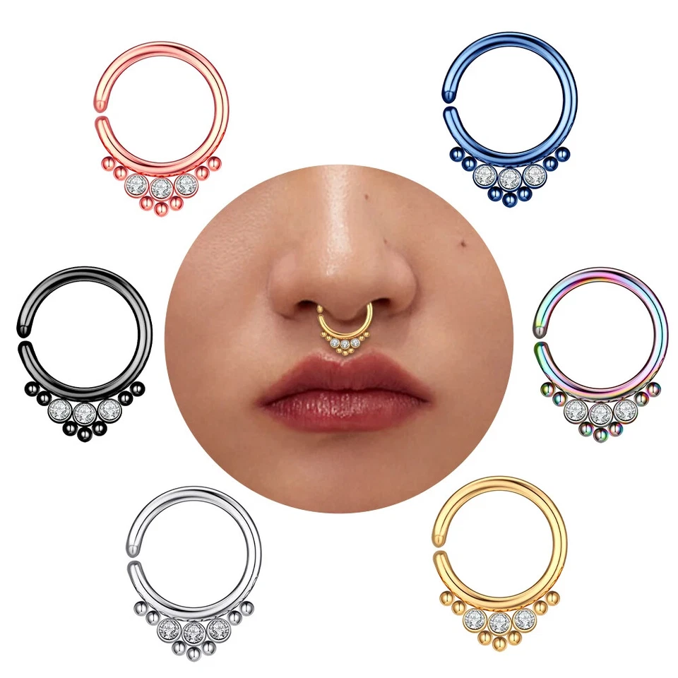 18G Crystal Nose Ring Open Hoop Lip Body Piercing Clip On Studs Stainless Steel - Image 2 of 4