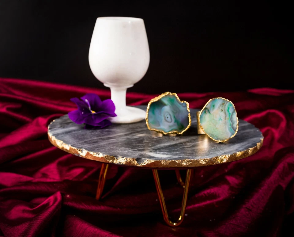 Soporte para Pasteles de Mármol, Sobre Soporte de Latón Lámina de Oro Trabajo en Borde De Colección Hecho a Mano Foto 4 de 4