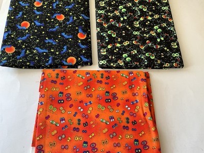 Halloween Quilting Sewing Crafts Fabrics Goggle Eyes Bats Orange Green Blue