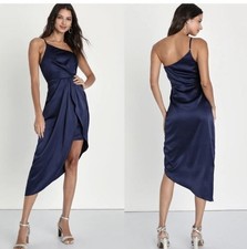 Lulu's Dress Law of Attraction Navy Blue One-Shoulder Midi Dress - Size M