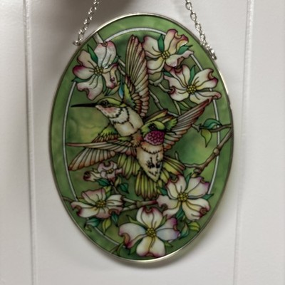 Amia Denver Stained Glass Hummingbird Flower Handpainted Sun Catcher 9  x 6.5 