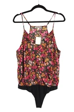 NWT Pleione Floral Faux Wrap Strappy Bodysuit size L Pink Black Thong