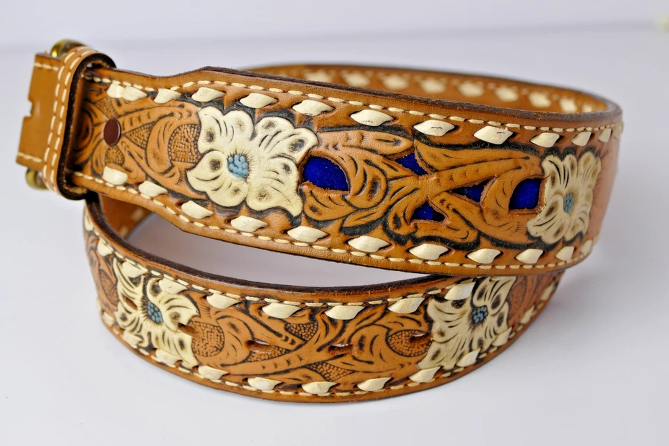 Kona Kut by Nocona Womens Hand Tooled Leather Belt Sz 28 Brown Bev Western Rodeo - Image 2 of 4