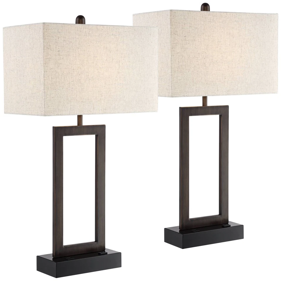 Todd Modern Table Lamps 30" Tall Set of 2 Bronze Metal USB and Outlet Bedroom - Image 2 of 4