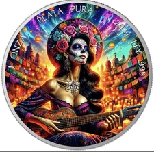 2024 Mexico Libertad Dia De Los Muertos SUNRISE GUITARIST 1 oz Color Silver Coin