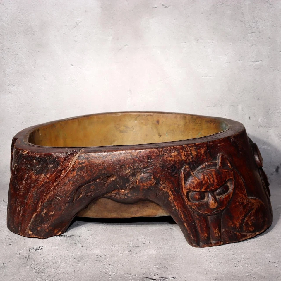 Japanese Wooden Hibachi Brazier Hand-Carved Cat, Lion, Daruma & Noh Mask WO485 - Image 2 of 4