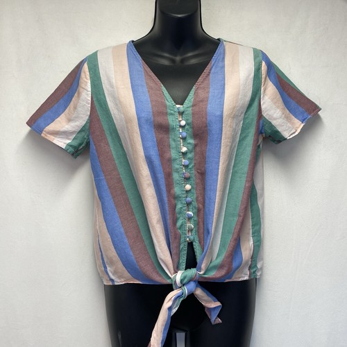 Madewell Novel Tie-Front V-Neck Covered Button Top Flagstaff Stripe Women Small - Picture 1 of 11