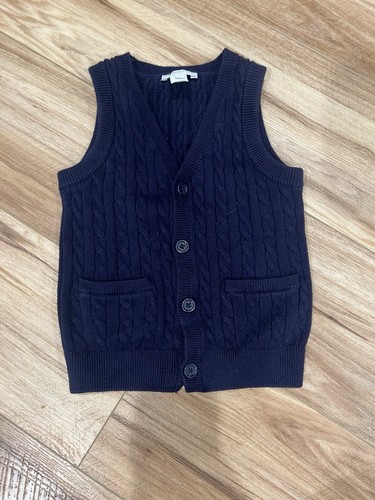 Jacadi Paris 4A Boys Sweater Knit Vest Navy Blue Sleeveless Pockets