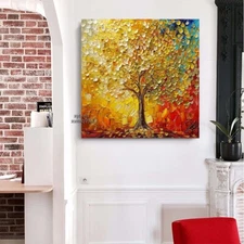 Yellow Lucky Tree Hand-Painted Oil Painting on Canvas wall Art Abstract 24in