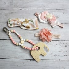 Baby Girl's Elephant Beaded Silicone Teether Clip Headband Lot Pink White