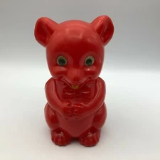 Red Plastic Teddy Bear Coin Bank BEST Yellow Tongue Googly Eyes Vintage 6-1/2"