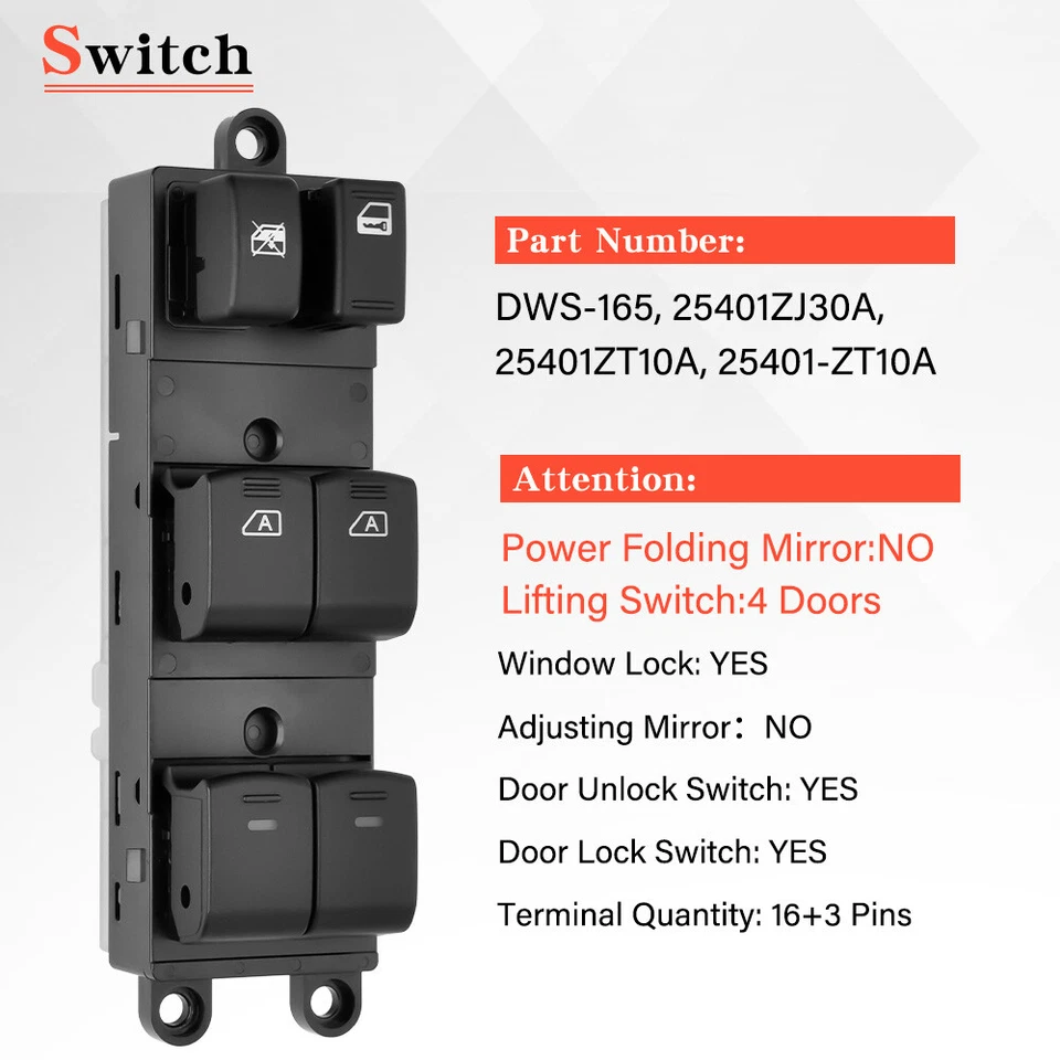 ✅Interruptor de control de ventana eléctrica principal 25401ZT10A para Nissan Titan 2004-2014 5,6 V8 Foto 3 de 4