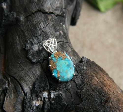 Solid 925 Sterling Silver Oval Turquoise Prong Setting Authentic Facet Pendant - Picture 2 of 5