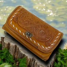 Vtg 1980'S Justin Brown Tooled Leather Checkbook Holder Western Wallet Snap READ